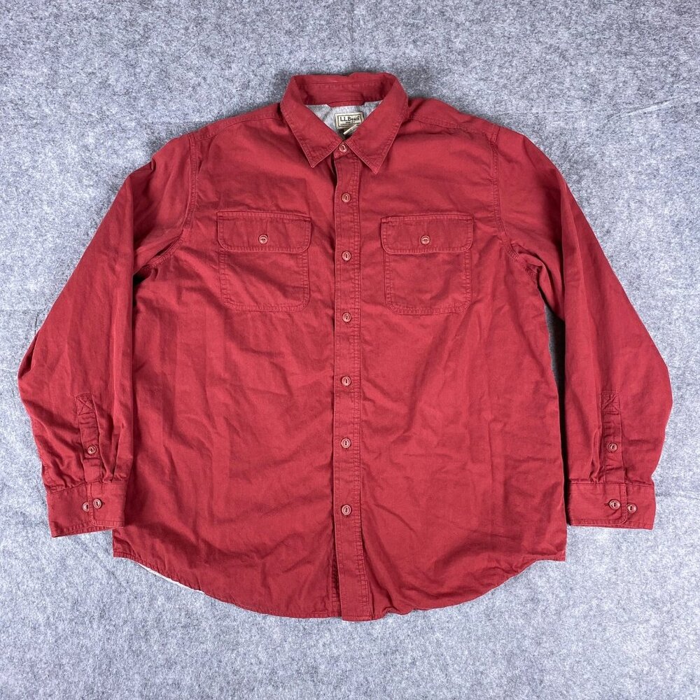 LL Bean Shirt Mens Large Red Button Down Flannel Lined Pocket Outdoors Casual